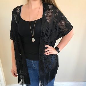 NWT Black Kimono w/ Fringe and Embroidery - sz S